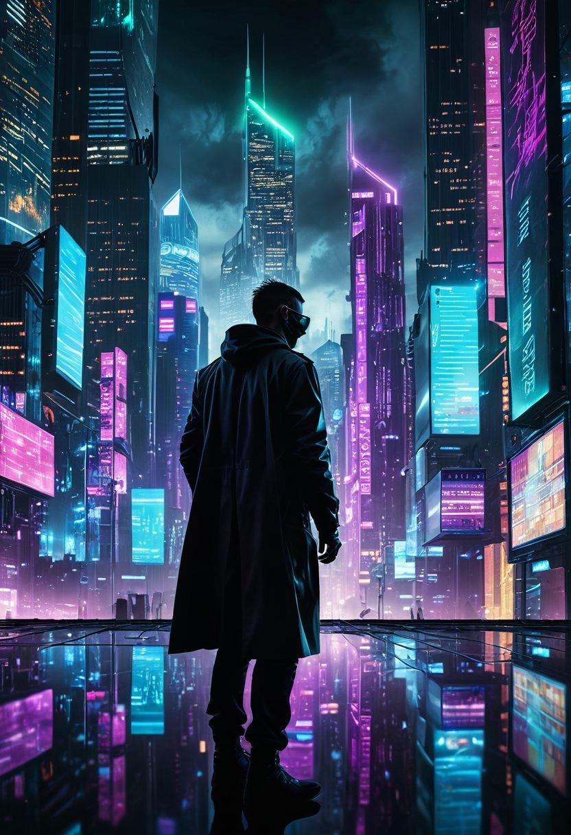 A futuristic cityscape with looming skyscrapers, each representing a different web application, shielded by glowing digital barriers symbolizing security. A silhouette of a hacker in the foreground, examining the barriers with high-tech gadgets, while digital codes stream around like a matrix. The sky is turbulent, suggesting the constant threats and need for vigilance. cyberpunk. vibrant colors. 3D.