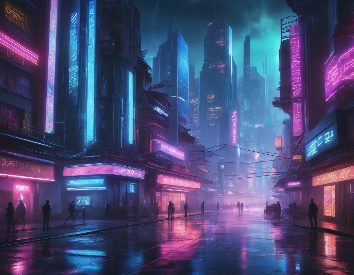 A futuristic cityscape illuminated by neon lights, with a digital shield surrounding key buildings and data streams flowing like rivers. In the foreground, a group of cyber guardians equipped with advanced technology are fending off virtual threats in the form of menacing, glowing entities. super-realistic. vibrant colors. cyberpunk.