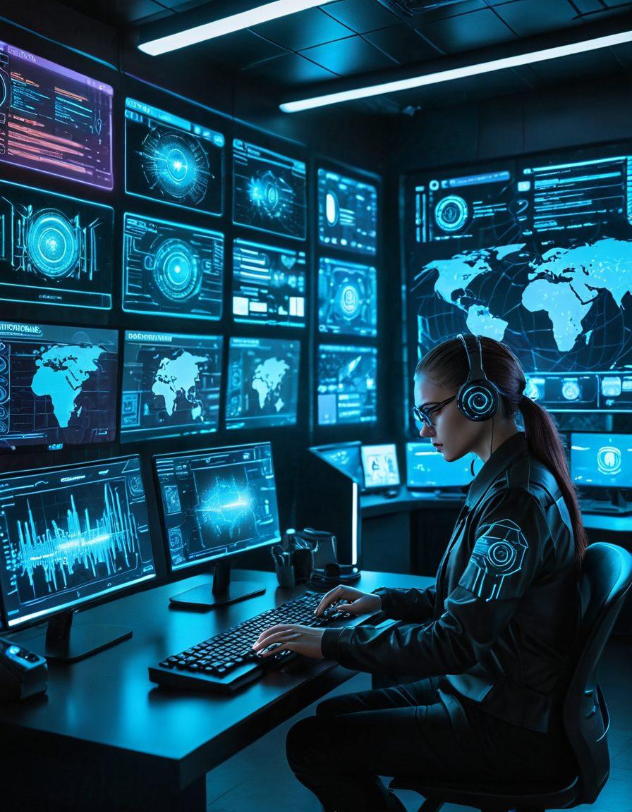 A sleek, modern command center with multiple high-tech screens displaying various web security metrics, vulnerability scans, and defense protocols. A skilled cybersecurity expert wearing headphones and typing on a futuristic keyboard, surrounded by holographic data projections and digital shields. Bright colors and cyber elements highlight the advanced technology. cyberpunk. vibrant colors. high-tech.